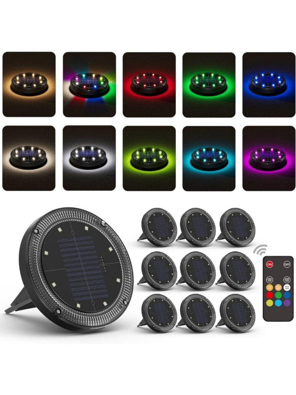 Color Changing Solar Ground Lights with Remote Control, Waterproof 10-Pack Set